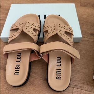 Bibi Lou Women's Laser-Cut Tan Slide Sandals
